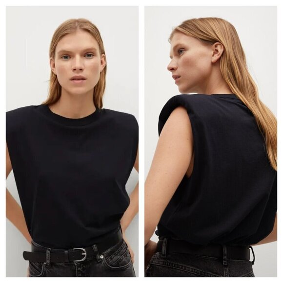 NEW Mango MNG Shoulder Pad T-Shirt Crewneck Cotton in Black Women's XS S - Picture 1 of 10